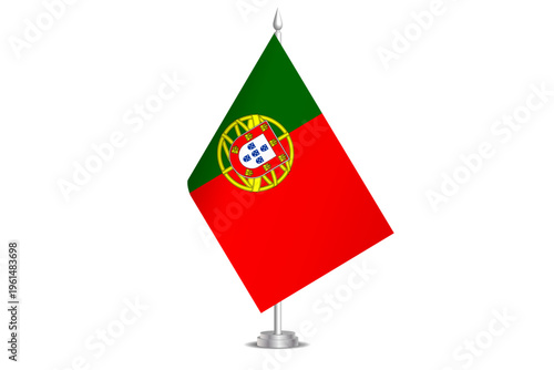 Portugal flag - wavy stick flag of country, cultural identity and heritage. Represents national pride and unity. Vector table flag hanged on the short hoist. Isolated on white background
