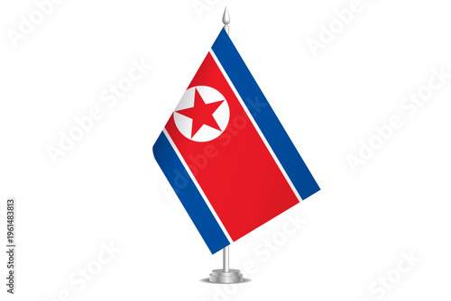 North Korea flag - wavy stick flag of country, cultural identity and heritage. Represents national pride and unity. Vector table flag hanged on the short hoist. Isolated on white background