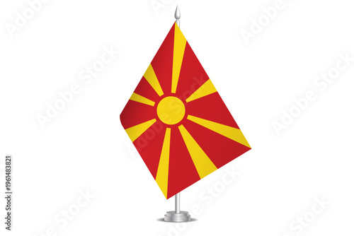 North Macedonia flag - wavy stick flag of country, cultural identity and heritage. Represents national pride and unity. Vector table flag hanged on the short hoist. Isolated on white background