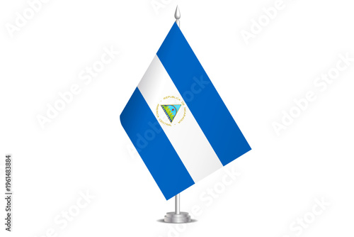 Nicaragua flag - wavy stick flag of country, cultural identity and heritage. Represents national pride and unity. Vector table flag hanged on the short hoist. Isolated on white background
