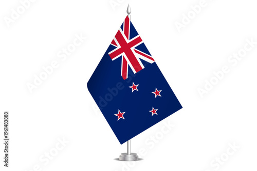 New Zealand flag - wavy stick flag of country, cultural identity and heritage. Represents national pride and unity. Vector table flag hanged on the short hoist. Isolated on white background