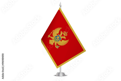 Montenegro flag - wavy stick flag of country, cultural identity and heritage. Represents national pride and unity. Vector table flag hanged on the short hoist. Isolated on white background
