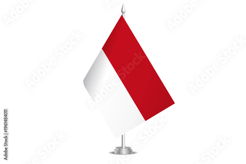 Monaco flag - wavy stick flag of country, cultural identity and heritage. Represents national pride and unity. Vector table flag hanged on the short hoist. Isolated on white background
