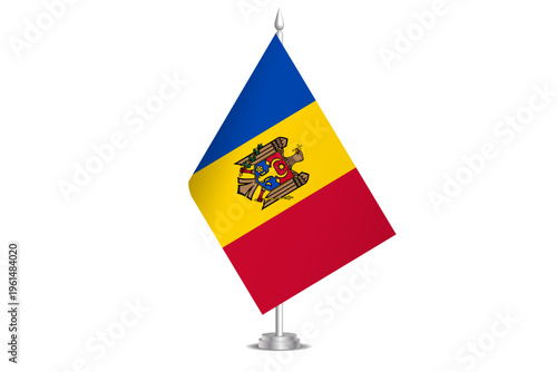 Moldova flag - wavy stick flag of country, cultural identity and heritage. Represents national pride and unity. Vector table flag hanged on the short hoist. Isolated on white background