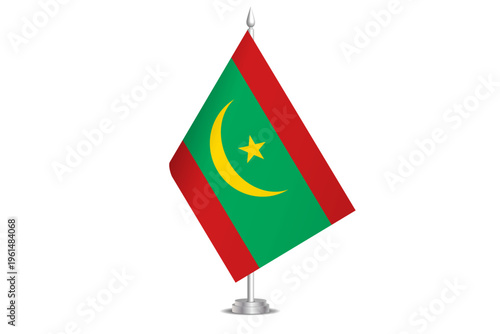 Mauritania flag - wavy stick flag of country, cultural identity and heritage. Represents national pride and unity. Vector table flag hanged on the short hoist. Isolated on white background