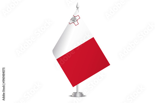 Malta flag - wavy stick flag of country, cultural identity and heritage. Represents national pride and unity. Vector table flag hanged on the short hoist. Isolated on white background