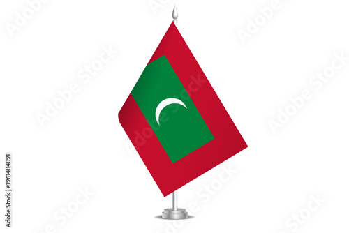 Maldives flag - wavy stick flag of country, cultural identity and heritage. Represents national pride and unity. Vector table flag hanged on the short hoist. Isolated on white background