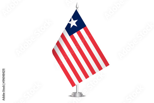 Liberia flag - wavy stick flag of country, cultural identity and heritage. Represents national pride and unity. Vector table flag hanged on the short hoist. Isolated on white background