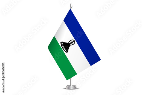 Lesotho flag - wavy stick flag of country, cultural identity and heritage. Represents national pride and unity. Vector table flag hanged on the short hoist. Isolated on white background