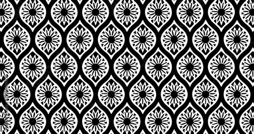 Seamless black and white floral geometric pattern with diamond shapes, classic ornamental background for decor and textiles.