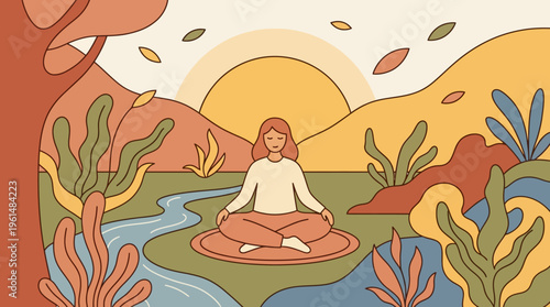 A serene woman finds inner peace through meditation amidst a tranquil autumn landscape, featuring a flowing river and warm sunset hues, embodying mindfulness and calm