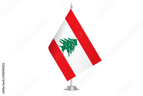 Lebanon flag - wavy stick flag of country, cultural identity and heritage. Represents national pride and unity. Vector table flag hanged on the short hoist. Isolated on white background