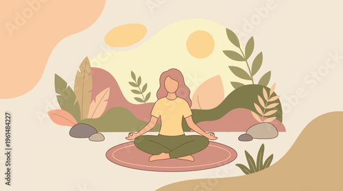 Serene woman finding inner peace through outdoor meditation, embracing mindfulness and wellness in a tranquil natural landscape, promoting mental clarity and relaxation