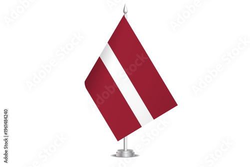Latvia flag - wavy stick flag of country, cultural identity and heritage. Represents national pride and unity. Vector table flag hanged on the short hoist. Isolated on white background