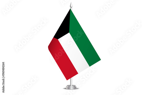 Kuwait flag - wavy stick flag of country, cultural identity and heritage. Represents national pride and unity. Vector table flag hanged on the short hoist. Isolated on white background