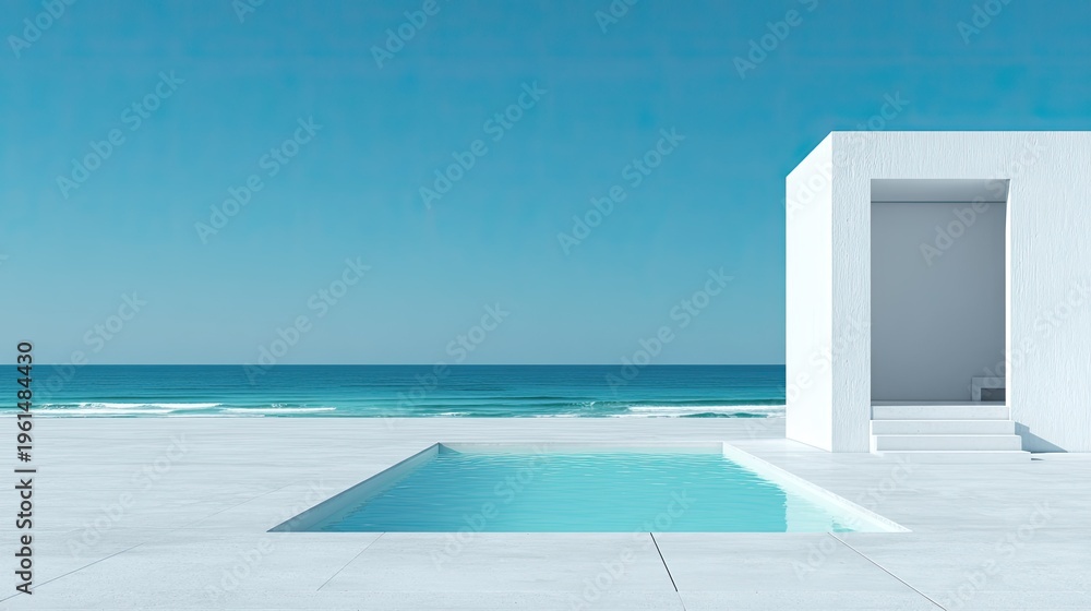 Fototapeta premium Minimalist beachside architecture with pool and ocean view under clear sky