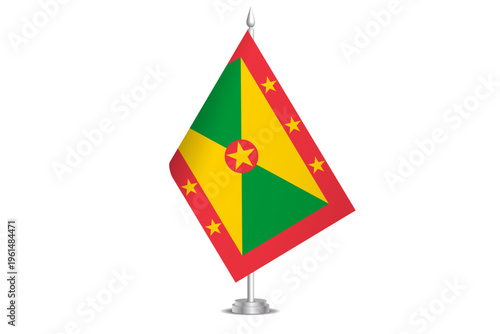 Grenada flag - wavy stick flag of country, cultural identity and heritage. Represents national pride and unity. Vector table flag hanged on the short hoist. Isolated on white background