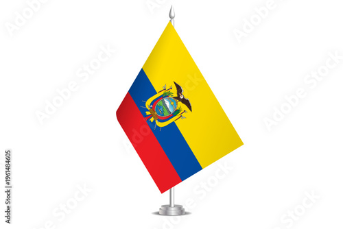 Ecuador flag - wavy stick flag of country, cultural identity and heritage. Represents national pride and unity. Vector table flag hanged on the short hoist. Isolated on white background