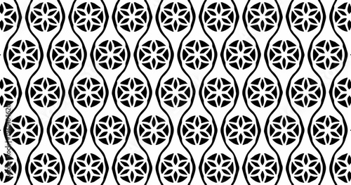 Black and white ornamental geometric seamless pattern with circular motifs, elegant decorative background design.