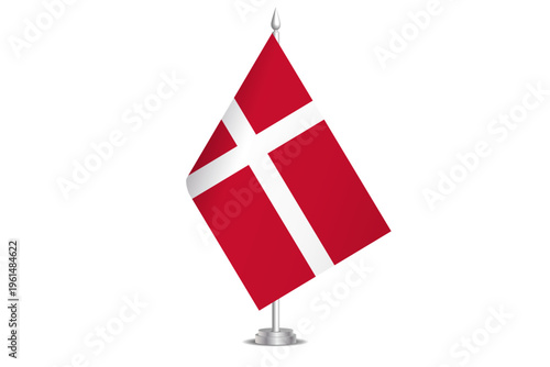 Denmark flag - wavy stick flag of country, cultural identity and heritage. Represents national pride and unity. Vector table flag hanged on the short hoist. Isolated on white background