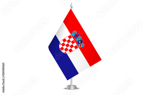 Croatia flag - wavy stick flag of country, cultural identity and heritage. Represents national pride and unity. Vector table flag hanged on the short hoist. Isolated on white background