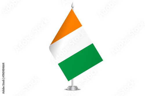 Cote d Ivoire flag - wavy stick flag of country, cultural identity and heritage. Represents national pride and unity. Vector table flag hanged on the short hoist. Isolated on white background