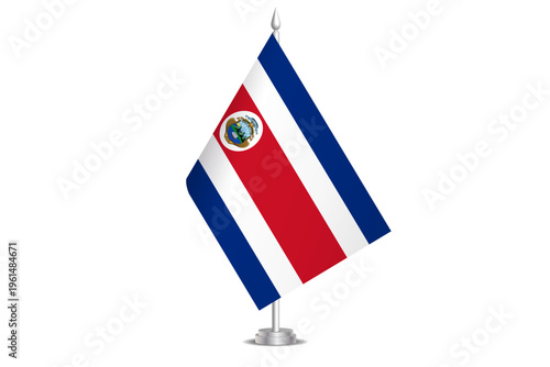 Costa Rica flag - wavy stick flag of country, cultural identity and heritage. Represents national pride and unity. Vector table flag hanged on the short hoist. Isolated on white background