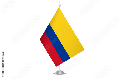 Colombia flag - wavy stick flag of country, cultural identity and heritage. Represents national pride and unity. Vector table flag hanged on the short hoist. Isolated on white background