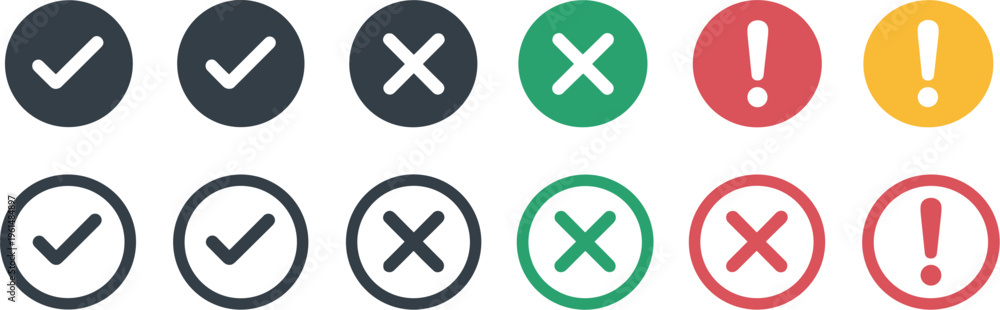 Obraz premium Collection of flat checkmark cross and exclamation mark in circles