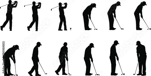 Black silhouettes of professional male and female golfers showing various swing poses, club positions, and athletic stances on white background