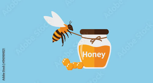 Bee flying towards honey jar.