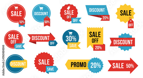 Collection of sale discount promo stickers.