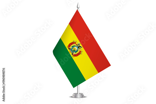 Bolivia flag - wavy stick flag of country, cultural identity and heritage. Represents national pride and unity. Vector table flag hanged on the short hoist. Isolated on white background
