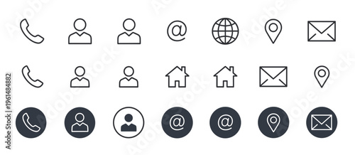 Collection of communication and contact including phone mail person globe and location markers