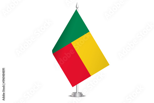 Benin flag - wavy stick flag of country, cultural identity and heritage. Represents national pride and unity. Vector table flag hanged on the short hoist. Isolated on white background