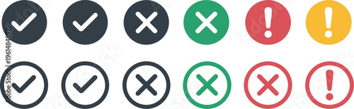 Collection of flat checkmark cross and exclamation mark in circles