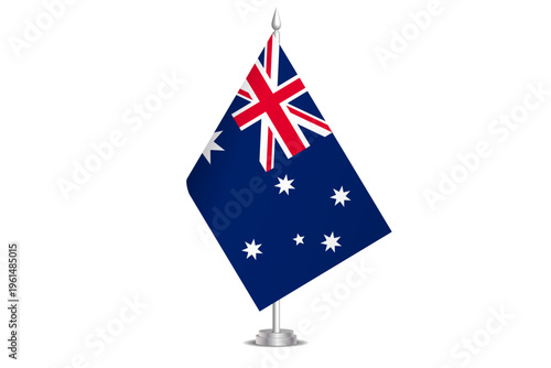 Australia flag - wavy stick flag of country, cultural identity and heritage. Represents national pride and unity. Vector table flag hanged on the short hoist. Isolated on white background
