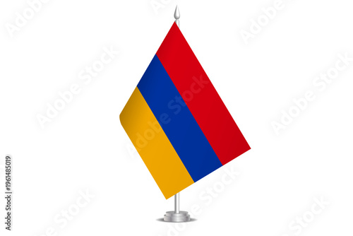 Armenia flag - wavy stick flag of country, cultural identity and heritage. Represents national pride and unity. Vector table flag hanged on the short hoist. Isolated on white background