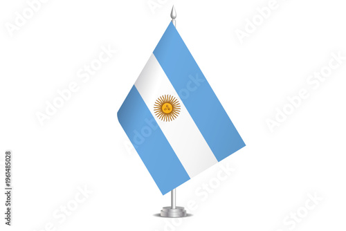 Argentina flag - wavy stick flag of country, cultural identity and heritage. Represents national pride and unity. Vector table flag hanged on the short hoist. Isolated on white background