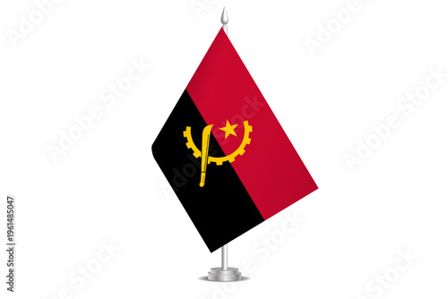 Angola flag - wavy stick flag of country, cultural identity and heritage. Represents national pride and unity. Vector table flag hanged on the short hoist. Isolated on white background