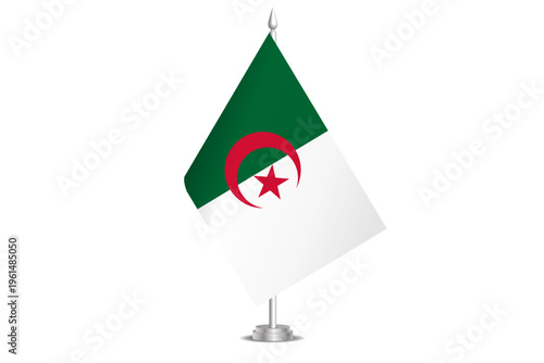 Algeria flag - wavy stick flag of country, cultural identity and heritage. Represents national pride and unity. Vector table flag hanged on the short hoist. Isolated on white background