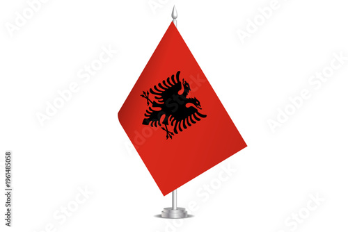 Albania flag - wavy stick flag of country, cultural identity and heritage. Represents national pride and unity. Vector table flag hanged on the short hoist. Isolated on white background