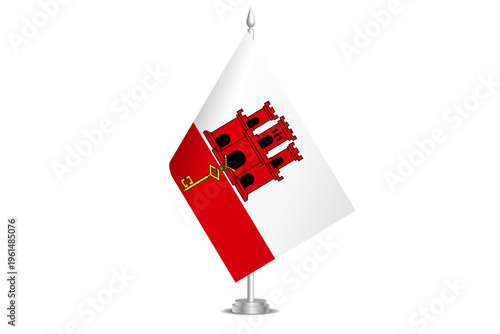Gibraltar flag - wavy stick flag of country, cultural identity and heritage. Represents national pride and unity. Vector table flag hanged on the short hoist. Isolated on white background