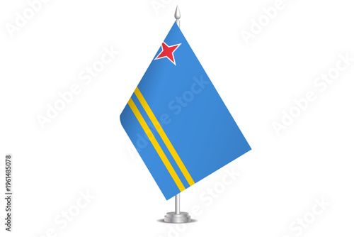 Aruba flag - wavy stick flag of country, cultural identity and heritage. Represents national pride and unity. Vector table flag hanged on the short hoist. Isolated on white background