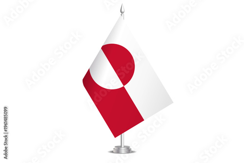 Greenland flag - wavy stick flag of country, cultural identity and heritage. Represents national pride and unity. Vector table flag hanged on the short hoist. Isolated on white background