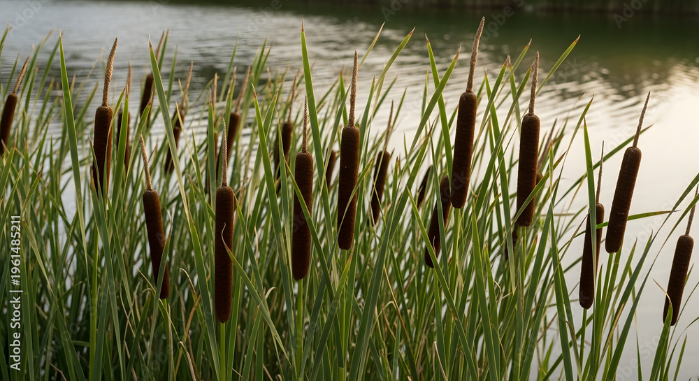 Obraz premium Cattail reeds Near the water's Edge: A tranquil scene unfolds as cattail reeds sway gently near the calm water edge, reflecting the peaceful harmony of the natural environment