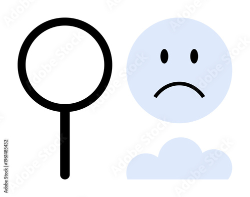 Search concept. Magnifying glass and sad face highlight unsuccessful searching and disconnection. Search challenges, exploration issues, or troubleshooting . For apps, guides, and communication tools