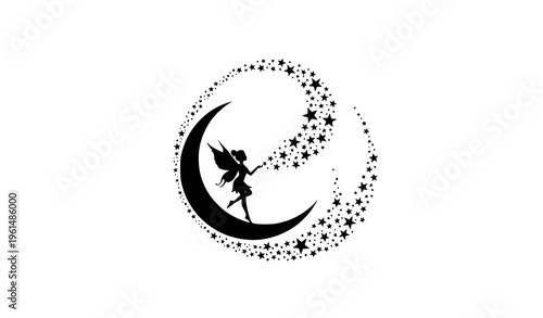Magic fairy on crescent moon with star trail silhouette vector illustration