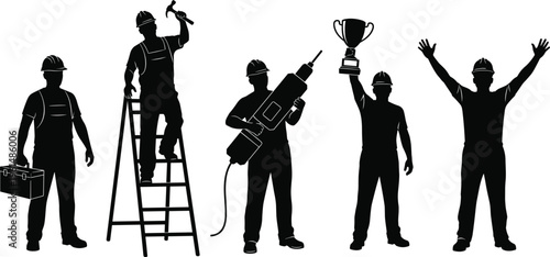 Collection of construction worker silhouettes including man on ladder with hammer jackhammer operator and winner holding trophy isolated on white background