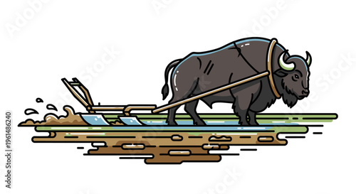 Bison pulling a raft on water.